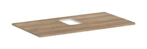 Holztischplatte in Eiche Natur mit mittigem Ausschnitt für Aufsatzwaschtisch. Die Platte ist für die Kombination mit Hansgrohe-Armaturen geeignet.